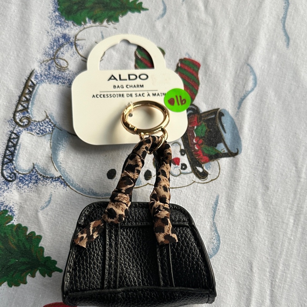 016, NWT Aldo Black Mini Bag Charm with Leopard Print Handles